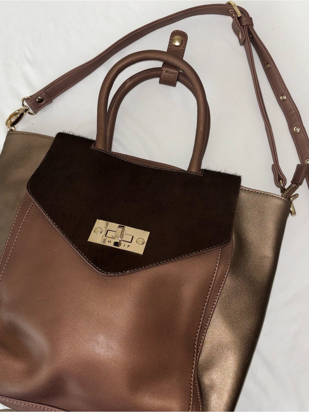 SHARIF Handbag / Backpack Two-Tone Brown & Bronze Shoulder Bag with Dark Brown